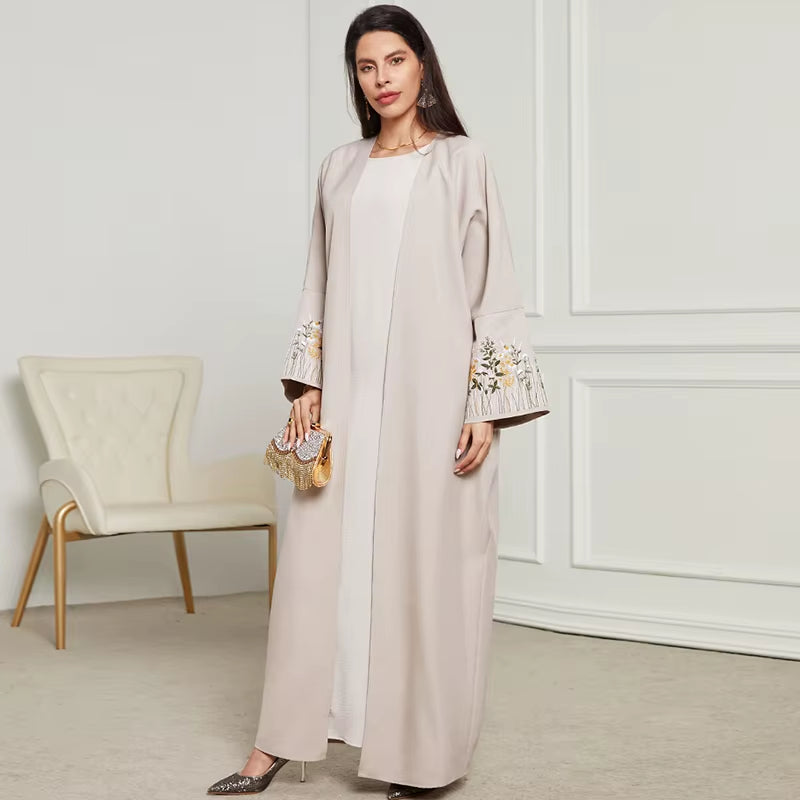 New Arrival Front Open Abaya Women Kimono Muslim Women'S Dresses Flowers Embroidery Eid Linen Abaya Arab Dubai Islamic Clothing