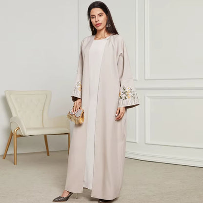 New Arrival Front Open Abaya Women Kimono Muslim Women'S Dresses Flowers Embroidery Eid Linen Abaya Arab Dubai Islamic Clothing