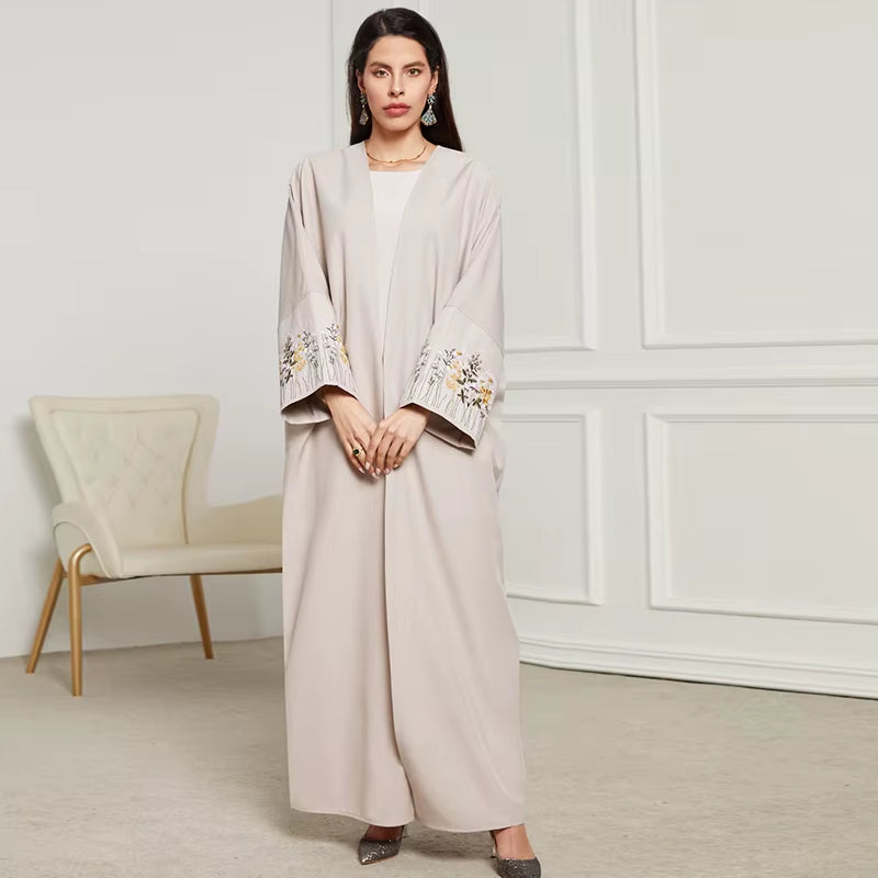 New Arrival Front Open Abaya Women Kimono Muslim Women'S Dresses Flowers Embroidery Eid Linen Abaya Arab Dubai Islamic Clothing