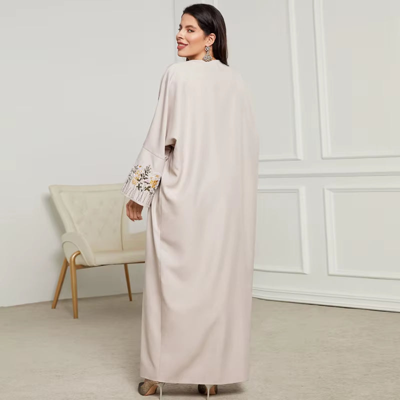 New Arrival Front Open Abaya Women Kimono Muslim Women'S Dresses Flowers Embroidery Eid Linen Abaya Arab Dubai Islamic Clothing