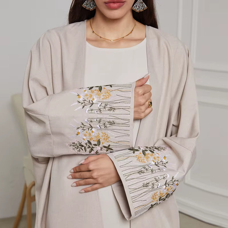 New Arrival Front Open Abaya Women Kimono Muslim Women'S Dresses Flowers Embroidery Eid Linen Abaya Arab Dubai Islamic Clothing