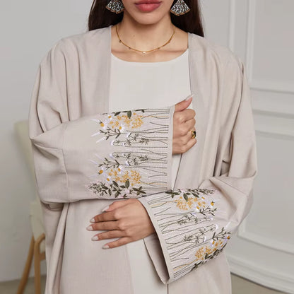 New Arrival Front Open Abaya Women Kimono Muslim Women'S Dresses Flowers Embroidery Eid Linen Abaya Arab Dubai Islamic Clothing