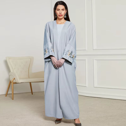 New Arrival Front Open Abaya Women Kimono Muslim Women'S Dresses Flowers Embroidery Eid Linen Abaya Arab Dubai Islamic Clothing