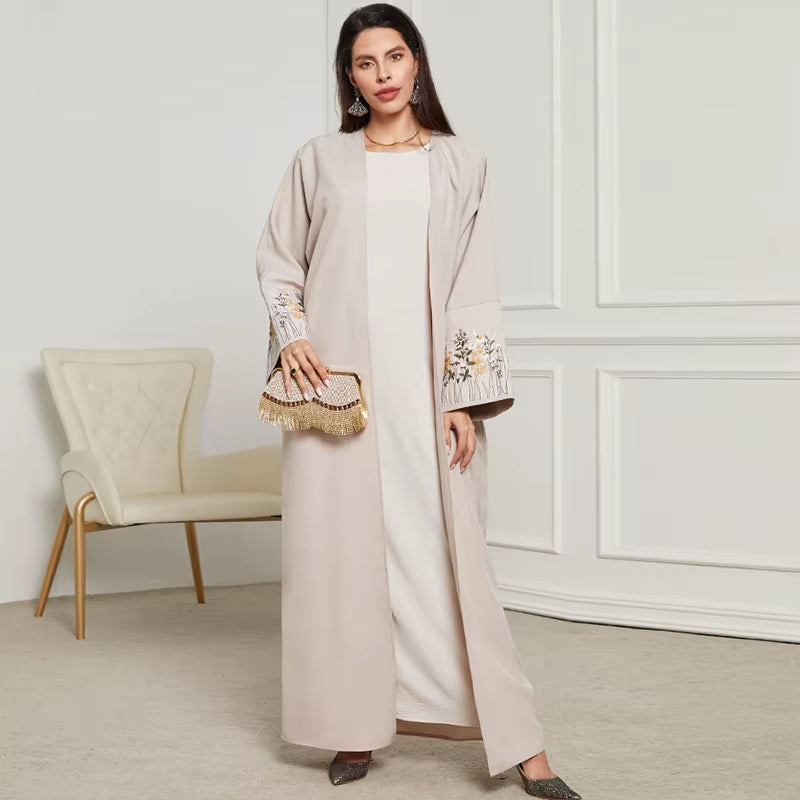 New Arrival Front Open Abaya Women Kimono Muslim Women'S Dresses Flowers Embroidery Eid Linen Abaya Arab Dubai Islamic Clothing