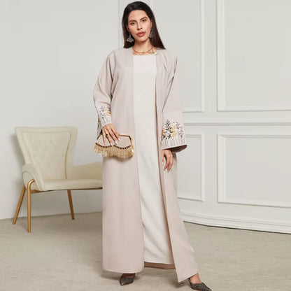 New Arrival Front Open Abaya Women Kimono Muslim Women'S Dresses Flowers Embroidery Eid Linen Abaya Arab Dubai Islamic Clothing