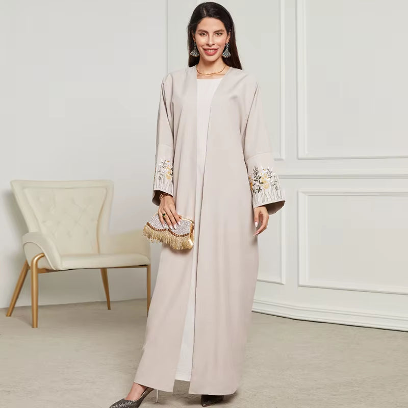 New Arrival Front Open Abaya Women Kimono Muslim Women'S Dresses Flowers Embroidery Eid Linen Abaya Arab Dubai Islamic Clothing